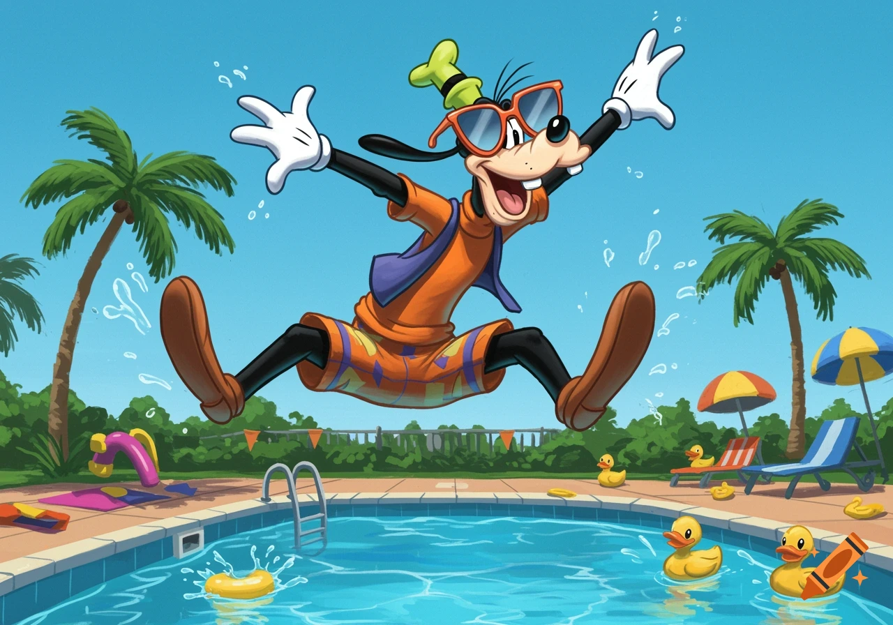 Goofy wearing sunglasses and shorts, joyfully jumping into a swimming pool with palm trees and rubber ducks.
