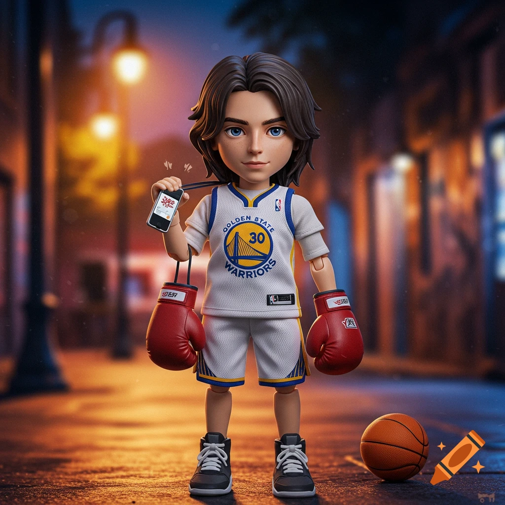 An action figure with dark brown hair and blue eyes, wearing a Golden State Warriors jersey and red boxing gloves, stands on a street at night with a basketball.