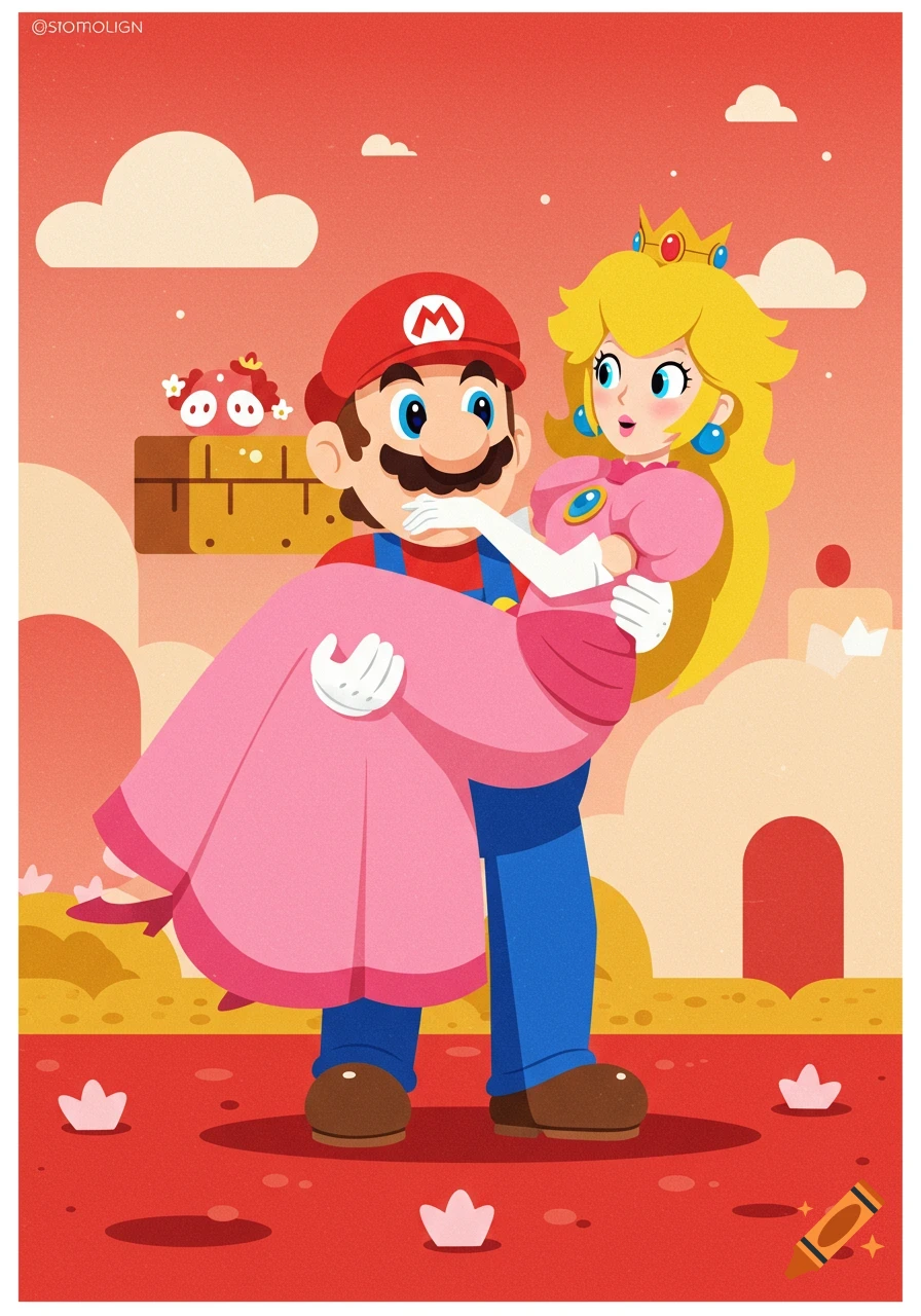 Mario carries Princess Peach in a cartoon style against a reddish background with classic Super Mario elements.