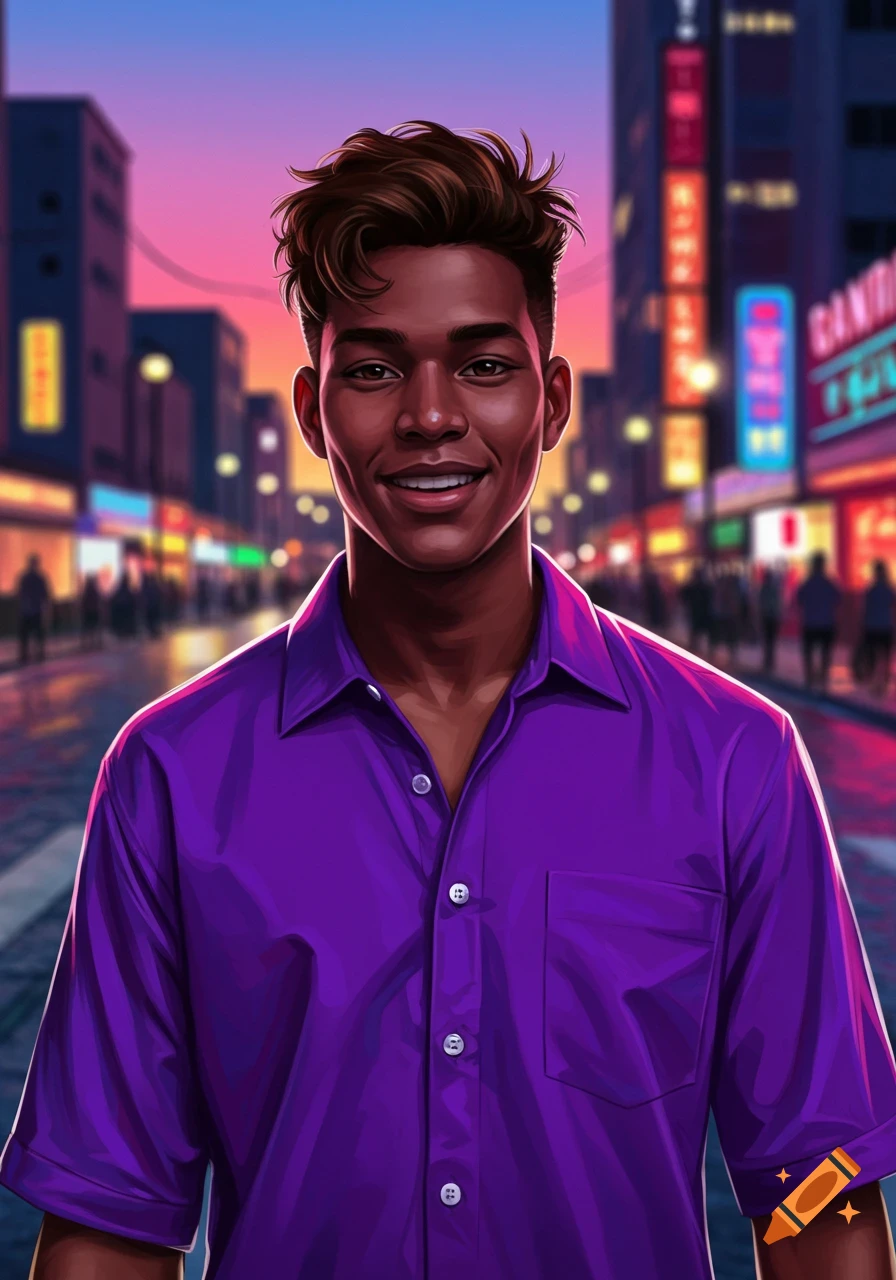 A young man in a purple shirt smiles on a bustling city street at dusk, in a vibrant digital art style.