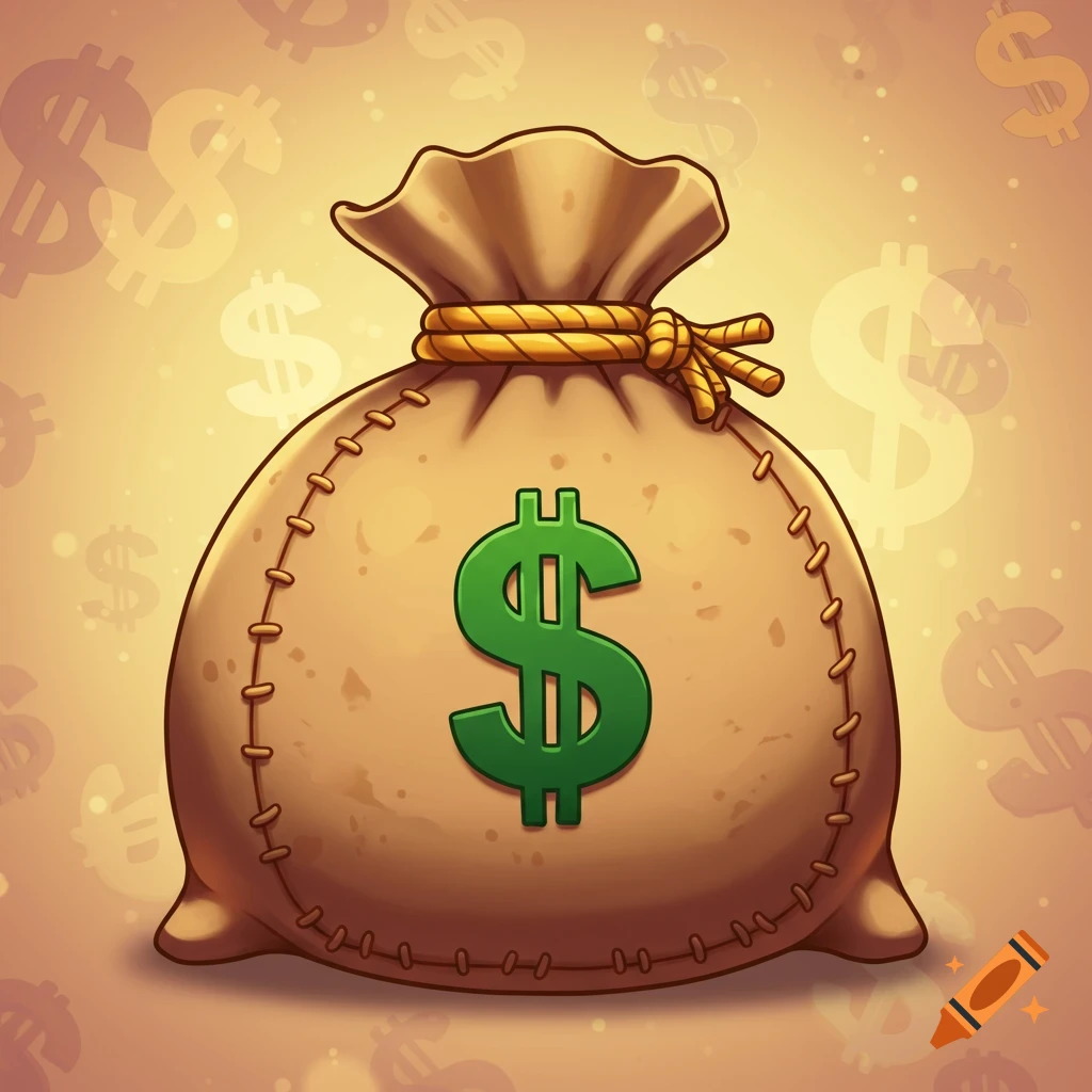 A cartoon money bag with a prominent green dollar sign, set against a background of faint dollar symbols.