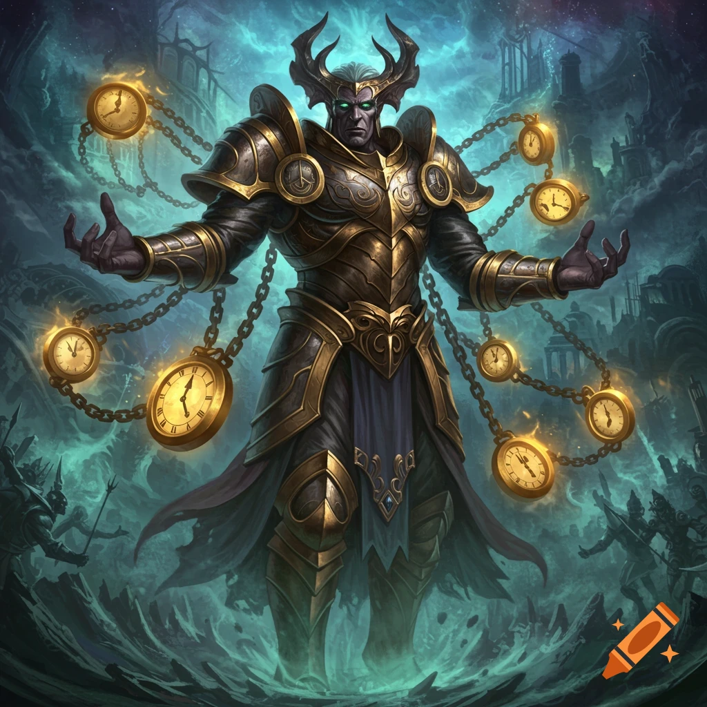 A powerful, armored figure with horns and green glowing eyes, holding multiple glowing pocket watches chained to him, in a dark, ethereal landscape.