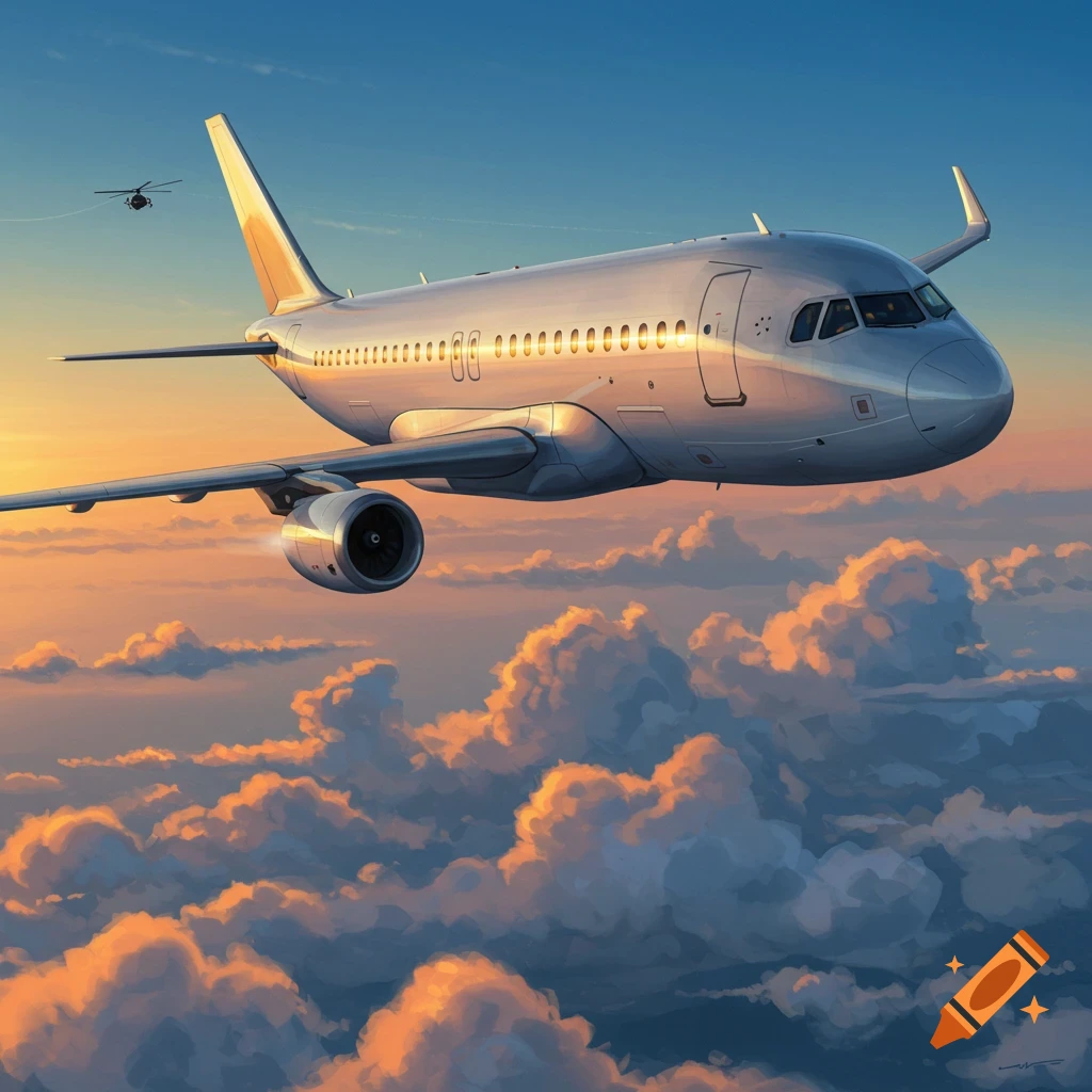 A large silver passenger airplane flies above a vibrant orange and purple cloudscape at sunset, with a small helicopter in the distance.