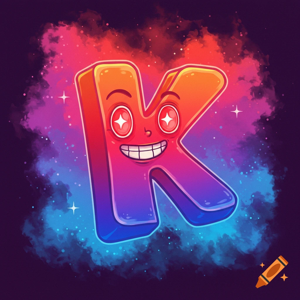 A vibrant, cartoonish letter K with a smiling face, red star eyes, and a 3D effect, set against a swirling red and blue galaxy background.