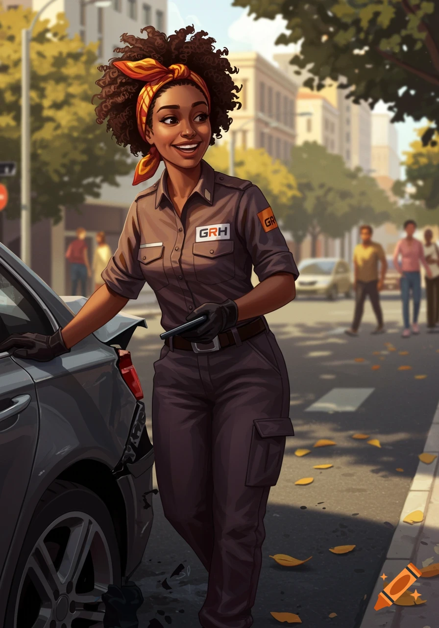 A smiling Black woman in a 'GRH' uniform stands next to a car with rear damage on a city street, in an animated style.