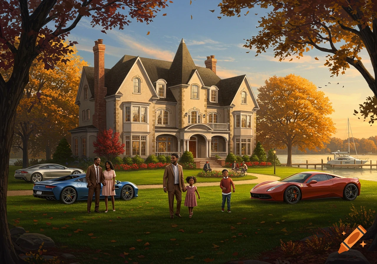 A wealthy Black family stands on a green lawn in front of a grand mansion with luxury cars and a yacht on a lake in autumn.