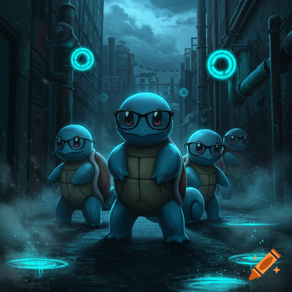 Four bespectacled Squirtle characters stand in a dark, rainy alleyway lit by glowing blue rings.