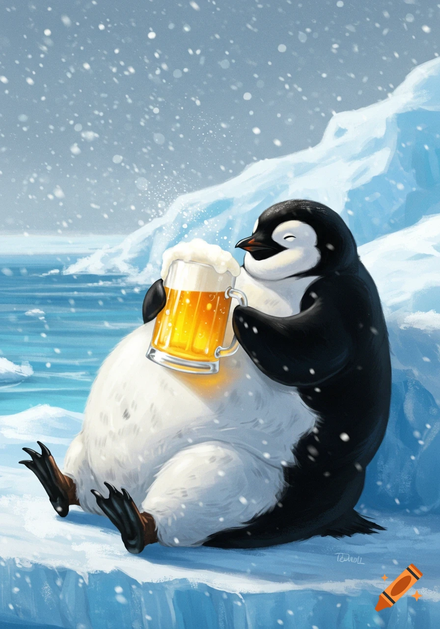 A happy, overweight cartoon penguin sits on an iceberg, holding a large mug of frothy beer in a snowy landscape.
