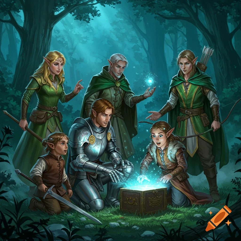 A group of fantasy characters, including a knight, elves, and halflings, gather in a magical forest, looking into a glowing treasure chest.