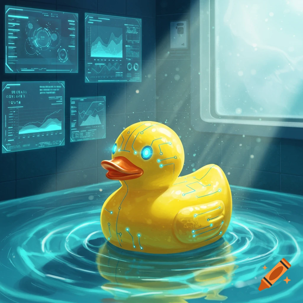 A yellow rubber ducky with glowing blue eyes and circuit board patterns floats in blue water, surrounded by holographic screens displaying futuristic data.