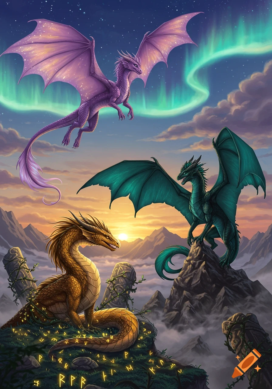 Three colorful dragons, purple, teal, and gold, in a magical mountain landscape with an aurora and glowing runes.