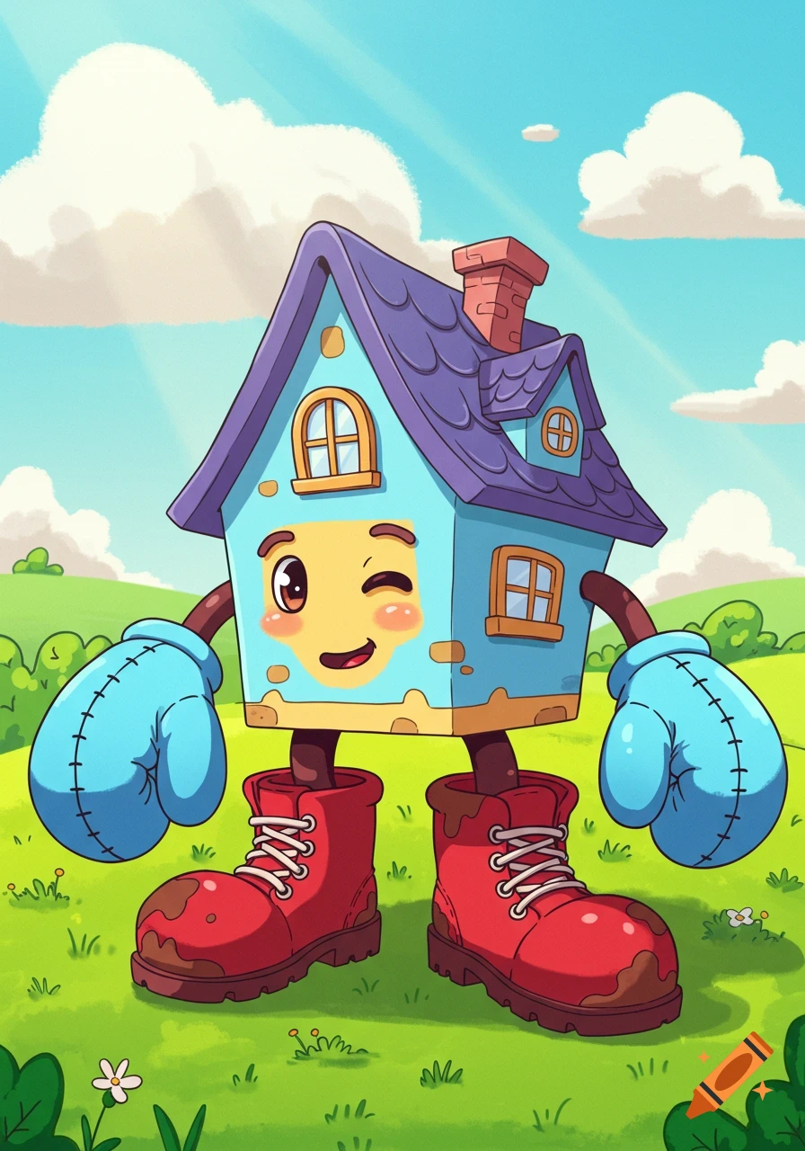 A cheerful cartoon house character with a winking face, wearing red boots and blue boxing gloves, stands in a vibrant green field under a bright blue sky.