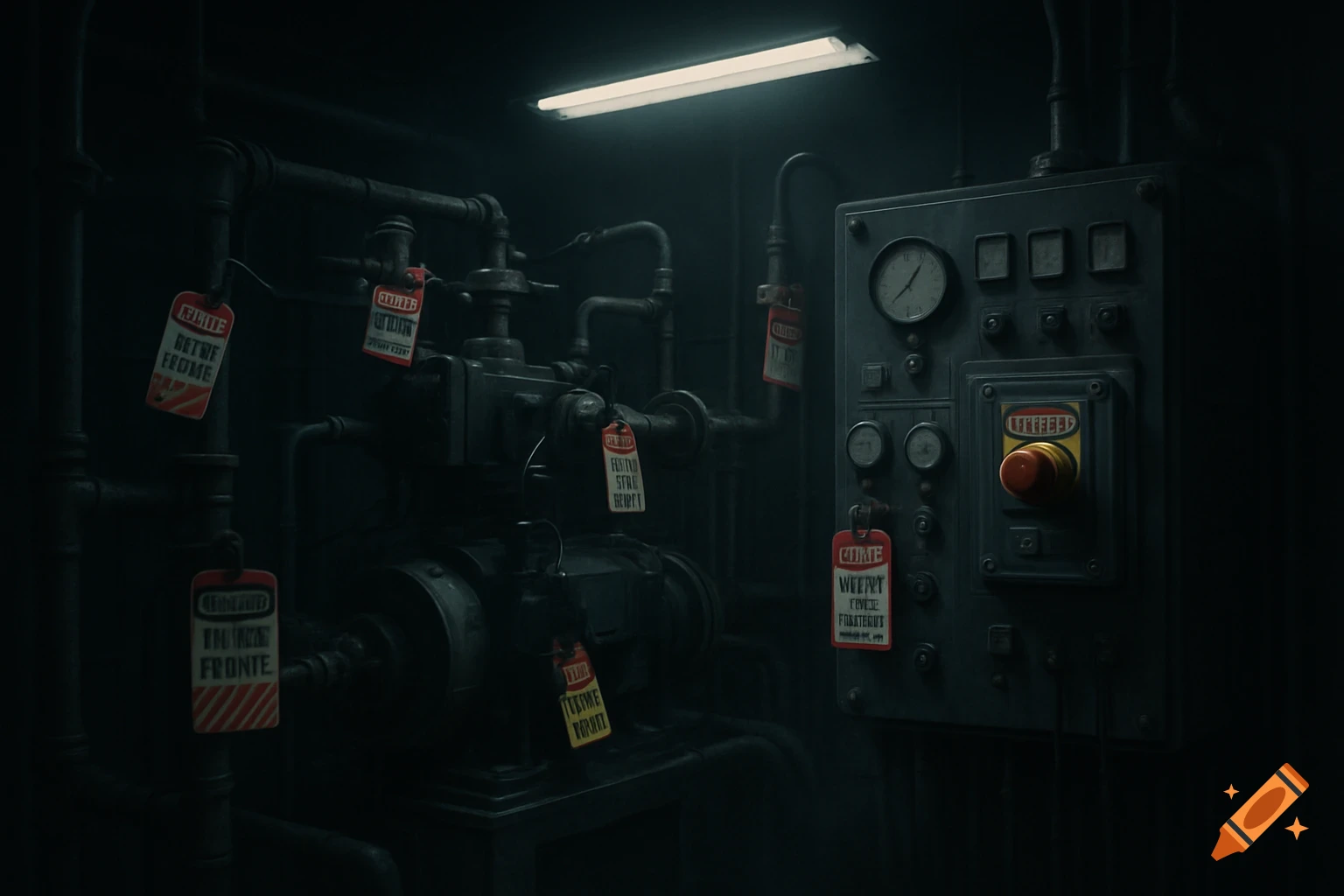 A dimly lit industrial room featuring a complex system of pipes and a control panel with gauges and a red emergency button. Various red and yellow warning tags hang from the equipment.