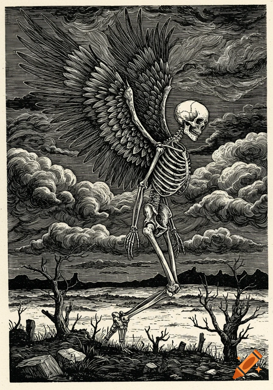 A black and white woodcut depicts a winged skeleton walking through a desolate landscape under a stormy sky.