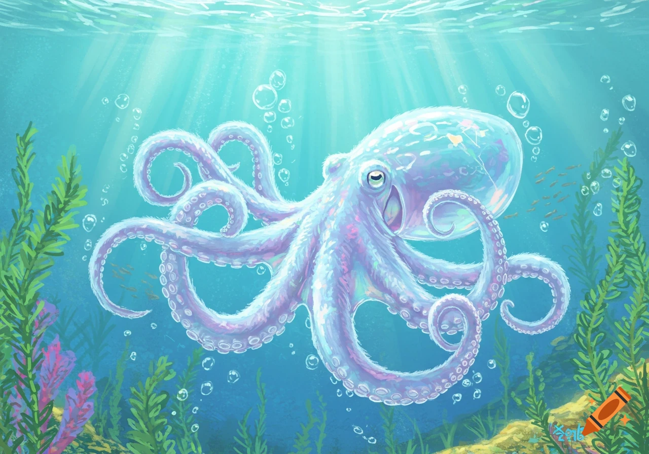 A stylized light purple octopus with fluffy tentacles swims underwater amidst green and purple seaweed, with light rays filtering from the surface and bubbles floating around.