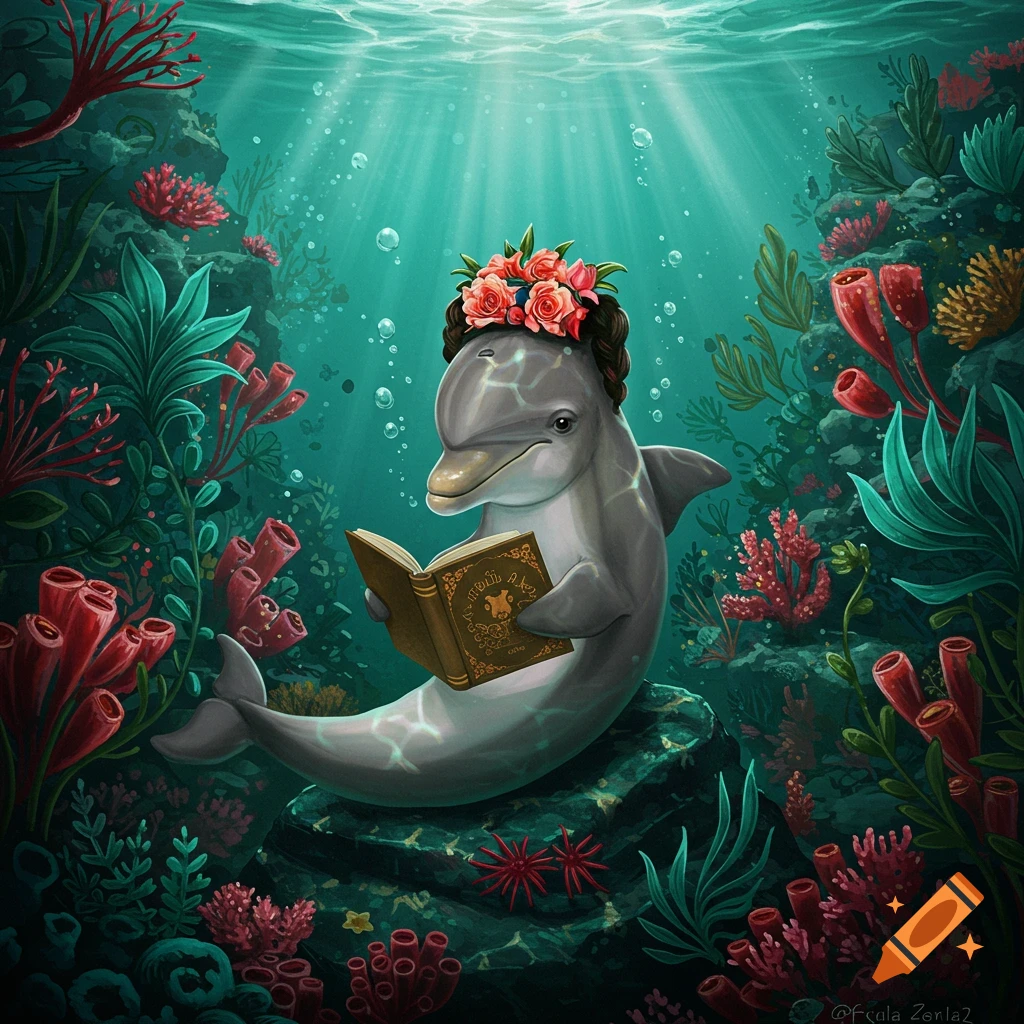 A whimsical illustration of a dolphin wearing a flower crown, sitting on a rock underwater and reading an old book. Corals and plants surround it.