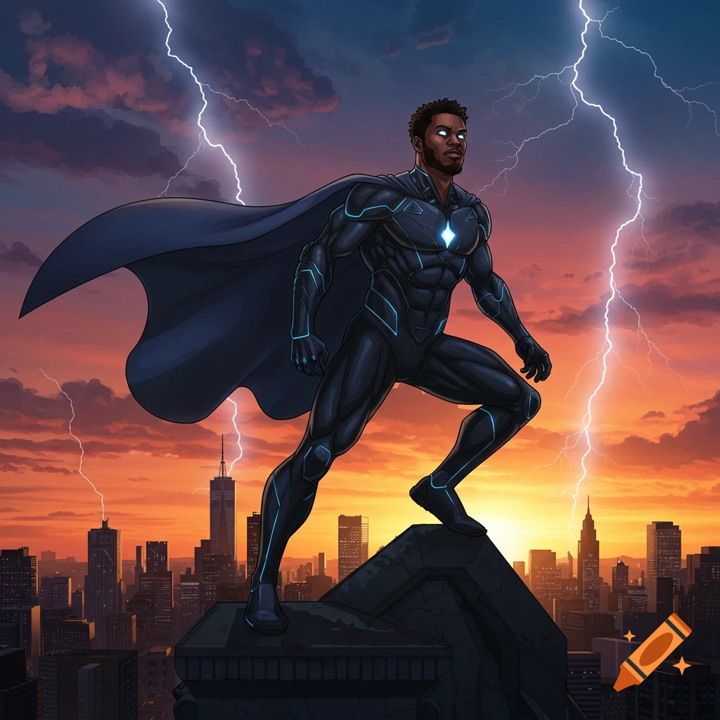 Black superhero in a dark suit with glowing blue accents and a cape on a city rooftop with lightning at sunset.