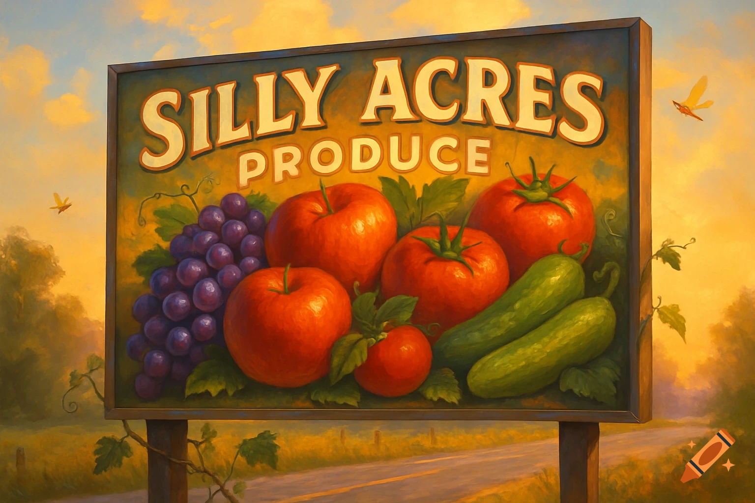 A painterly billboard for Silly Acres Produce, featuring grapes, apples, tomatoes, and cucumbers, set on a rural road at sunset.
