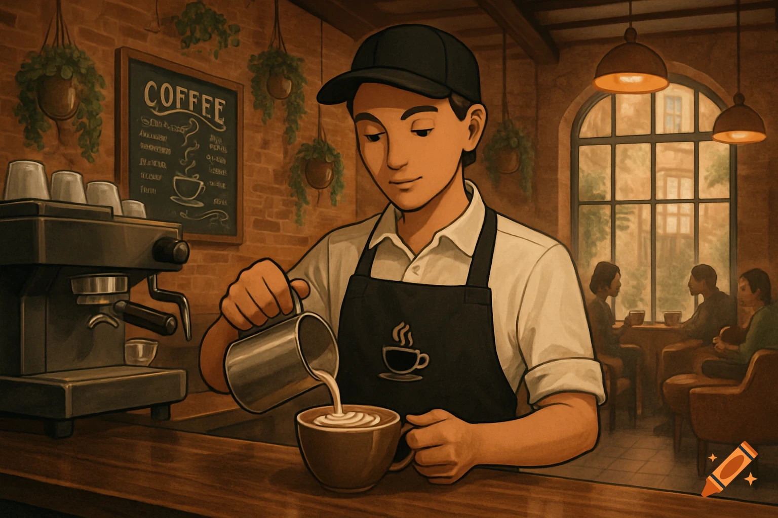 An illustration of a gender-neutral barista wearing an apron and cap, pouring steamed milk into a coffee cup in a warm, inviting coffee shop.