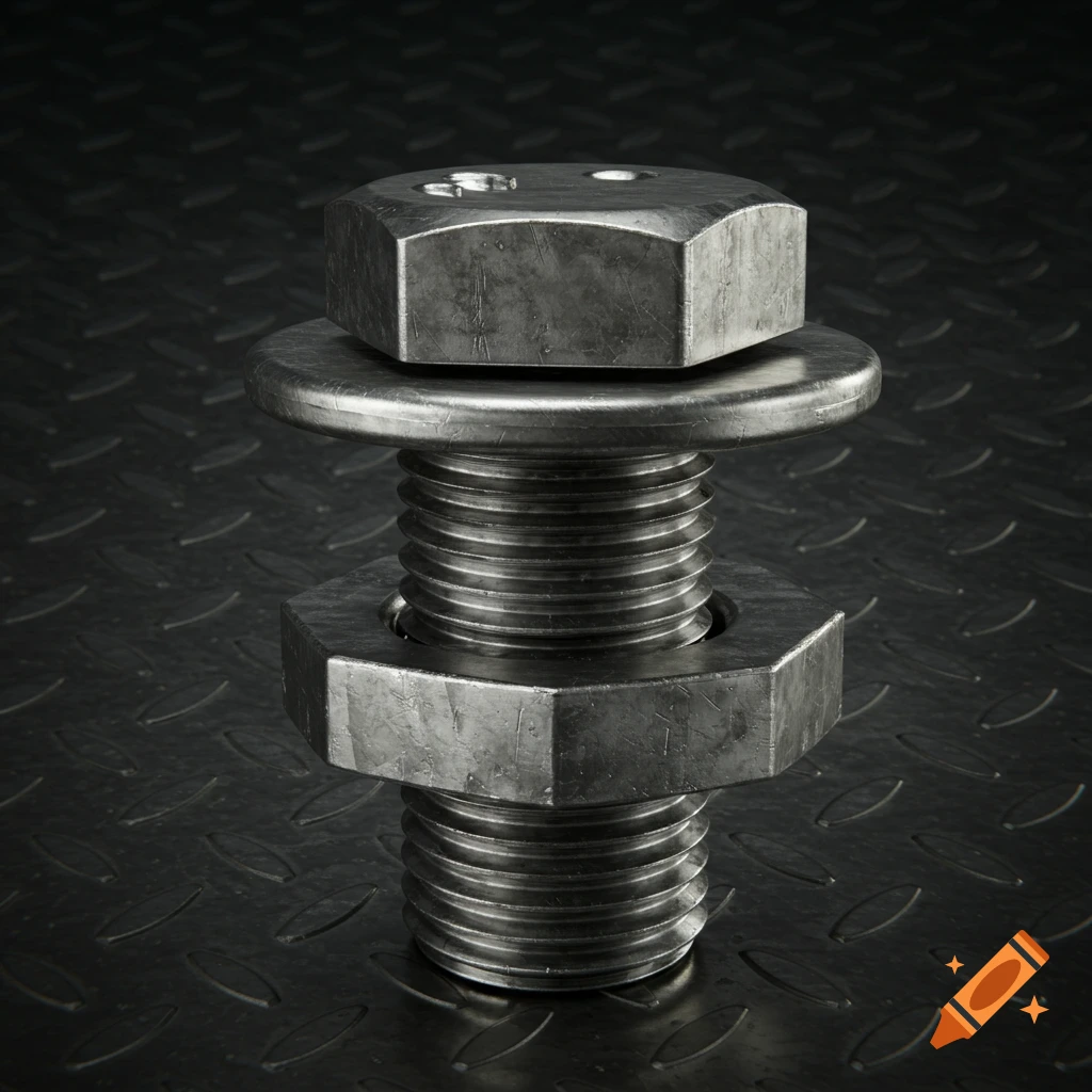 A close-up, photorealistic view of a large metal bolt with a thick washer and nut on a textured dark metal background.