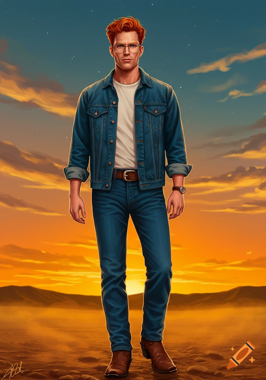 A red-headed man with glasses in denim jacket, white t-shirt, blue jeans, and cowboy boots stands in a desert sunset. Digital art.
