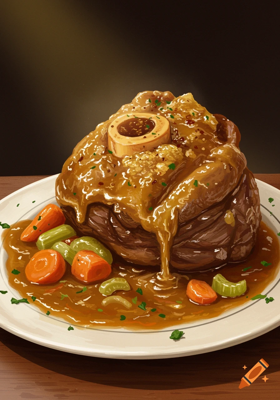 A large serving of osso buco covered in thick brown gravy with bone marrow, carrots, and celery on a white plate in an illustrative style.