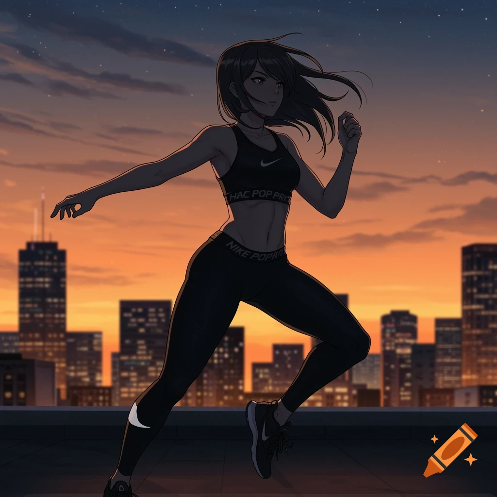 An anime girl in a black sports bra and black leggings runs on a rooftop at sunset, with a city skyline in the background.