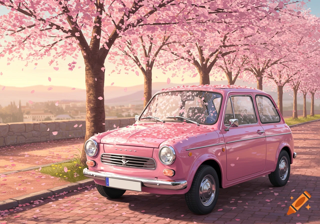 A pink car parked on a brick road under blooming cherry blossom trees, with petals scattered on the ground, in an anime style.