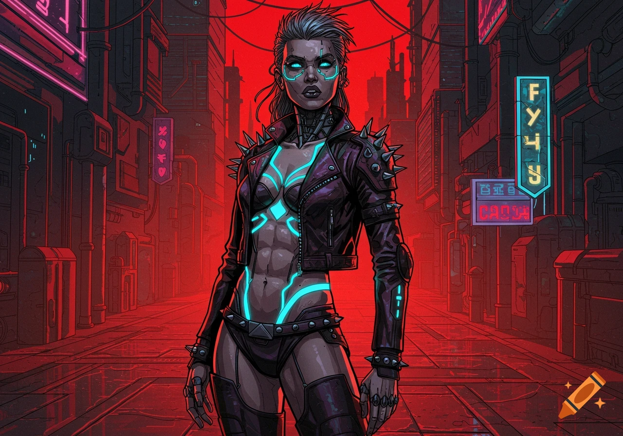 A cyberpunk warrior woman in a spiked leather jacket with glowing blue lines on her body, standing in a red-lit dystopian city with neon signs, in a high-contrast illustration style.