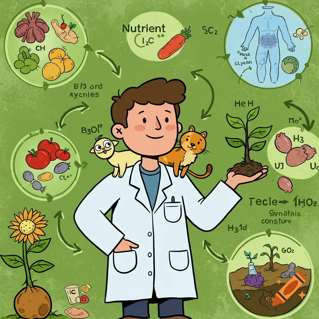 A cartoon scientist in a lab coat holds a small plant, surrounded by various circular diagrams depicting food, human anatomy, plants, and chemical formulas, with two cats on his shoulders.
