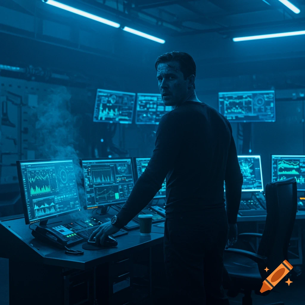 A man looks over his shoulder in a dimly lit, blue-hued control room with multiple computer screens displaying data.