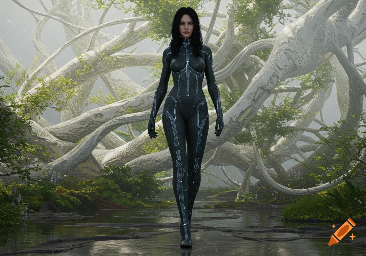 A woman in a futuristic black and silver suit stands in a misty forest with large, gnarled white trees and reflective water.