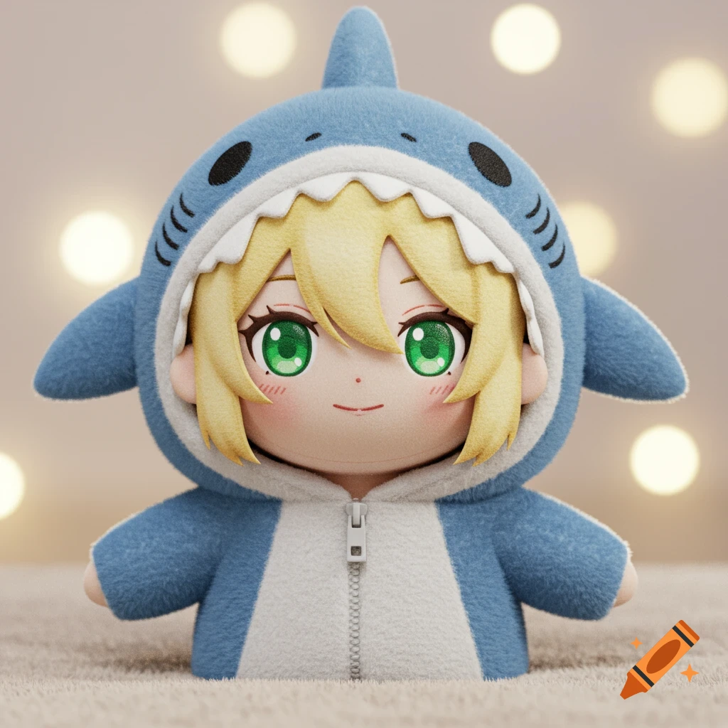 Realistic anime plushie of a blonde-haired, green-eyed girl in a blue shark hoodie.
