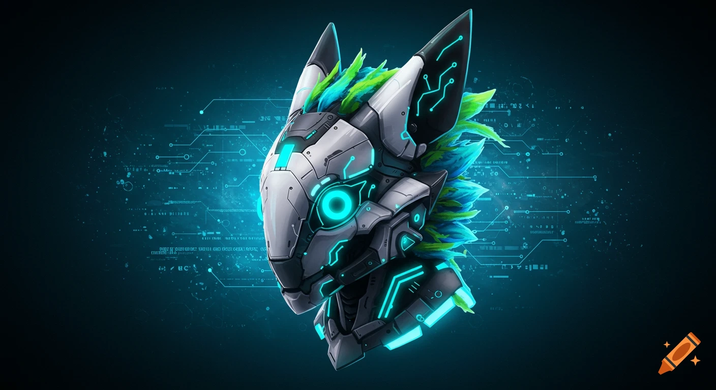 A stylized robotic protogen head with glowing blue circuits and green feathery accents against a dark blue background with digital patterns.