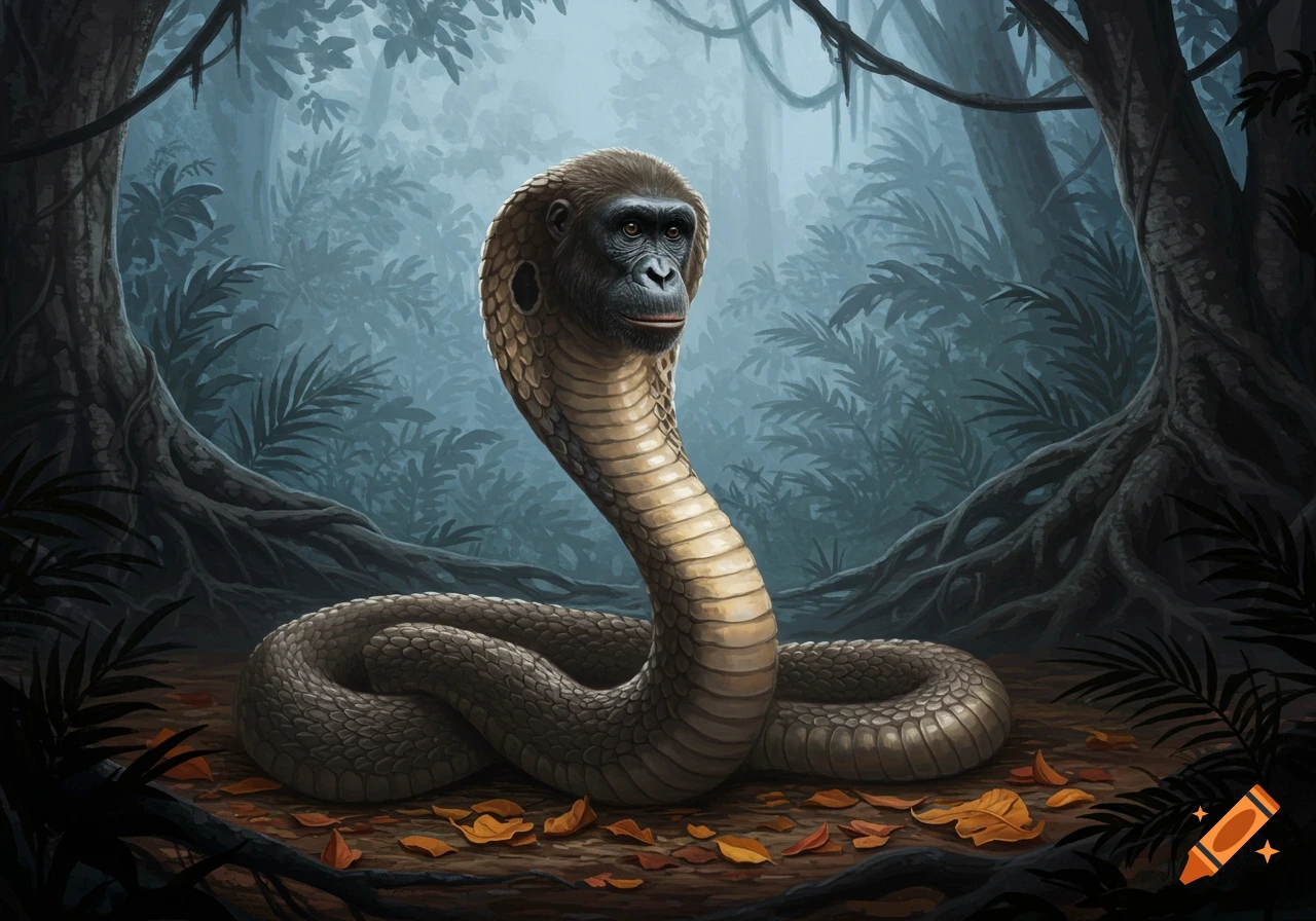 An illustration of a cobra with an ape head, standing in a dark, misty jungle.