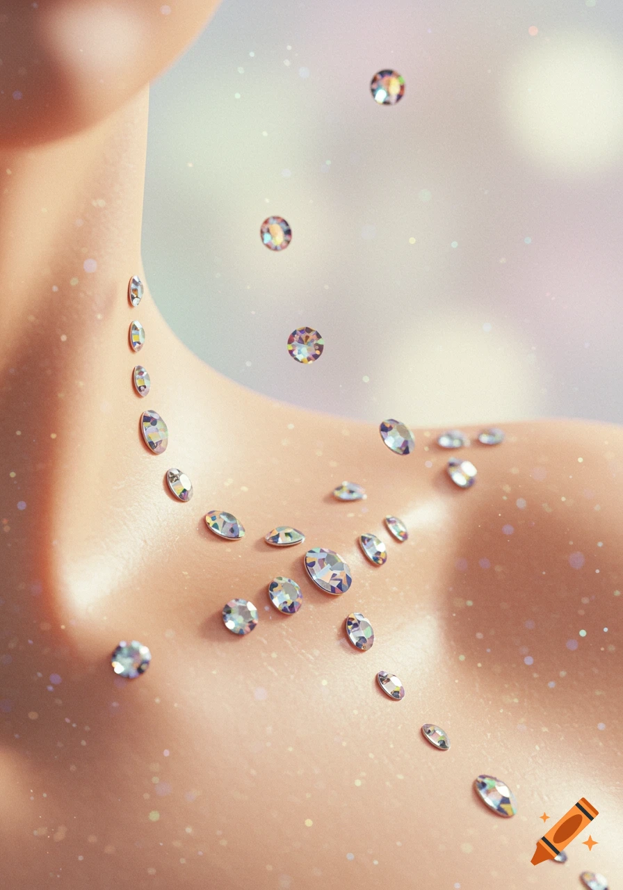 Close-up of sparkling iridescent gems scattered on a person's shoulder and collarbone with a blurred, bokeh background.