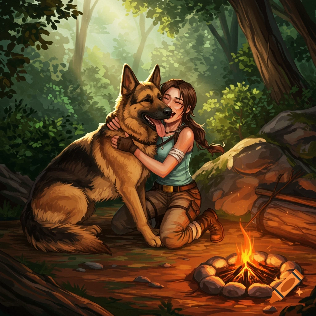 Illustrated scene of Lara Croft hugging and laughing with a German Shepherd next to a campfire in a forest.