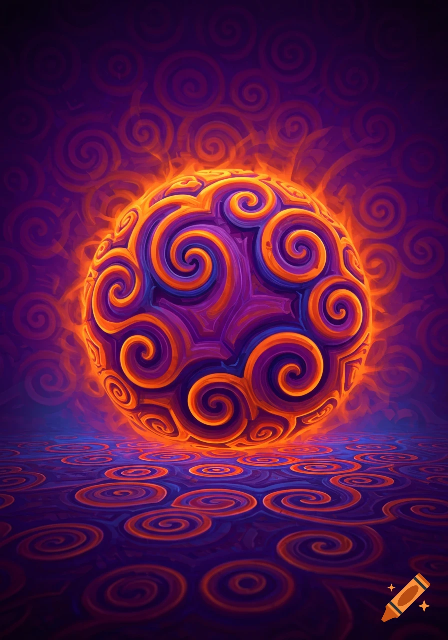 An abstract, glowing sphere covered in purple and orange swirls, resting on a patterned surface against a matching background.