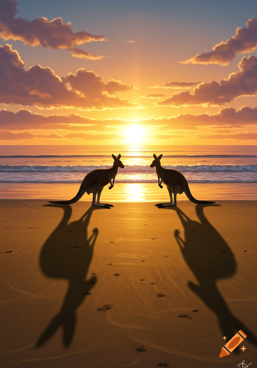Two kangaroos stand silhouetted on a sandy beach at sunset, with golden light reflecting on the water and orange clouds in the sky.