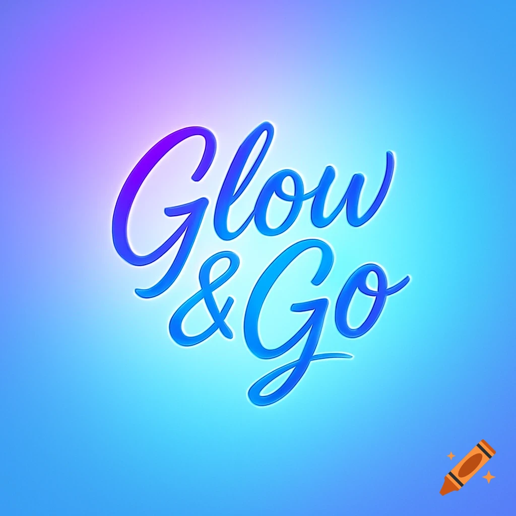 A blue and purple gradient logo with the words 'Glow & Go' in a stylized script font, emanating a bright glow.