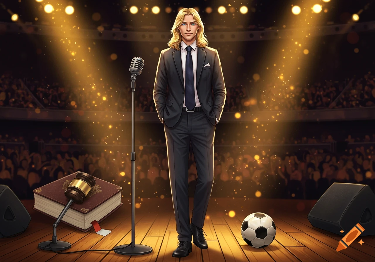 A tall, blonde-haired man in a dark suit stands on a spotlighted wooden stage with a microphone, a gavel on a book, and a soccer ball. An audience is visible in the background.