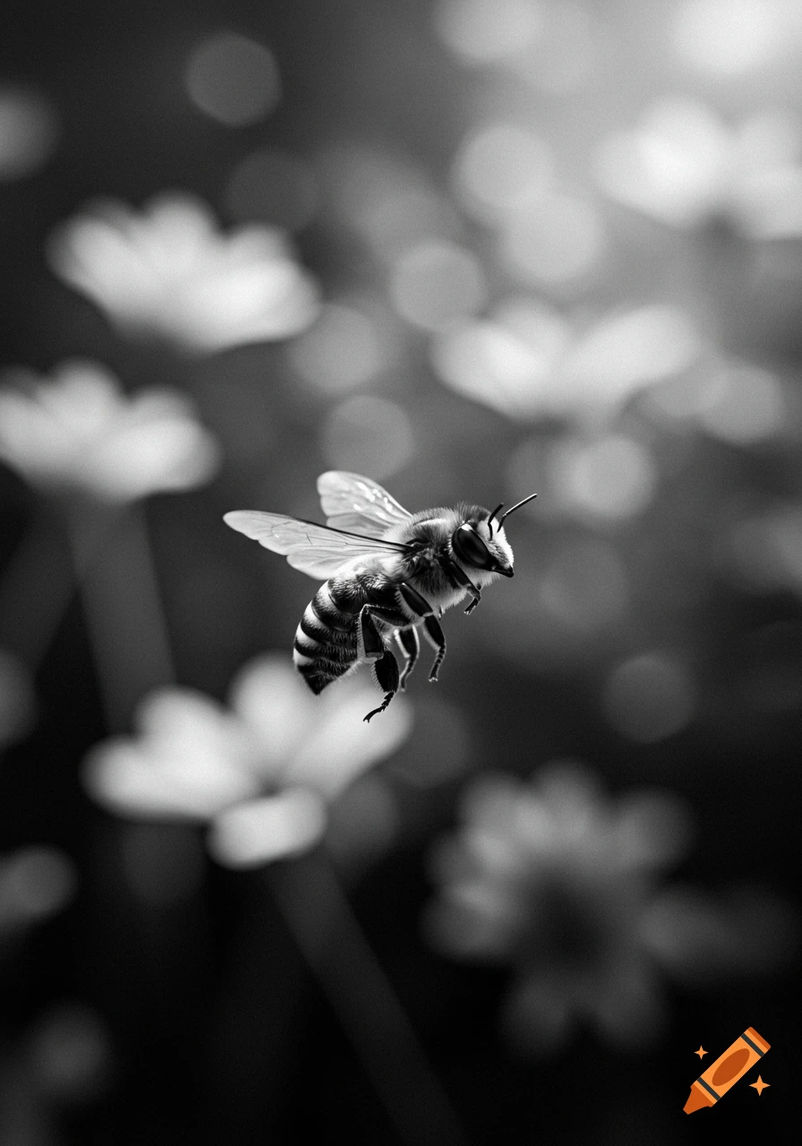 A black and white close-up of a honey bee in flight, with blurred flowers and bokeh lights in the background.