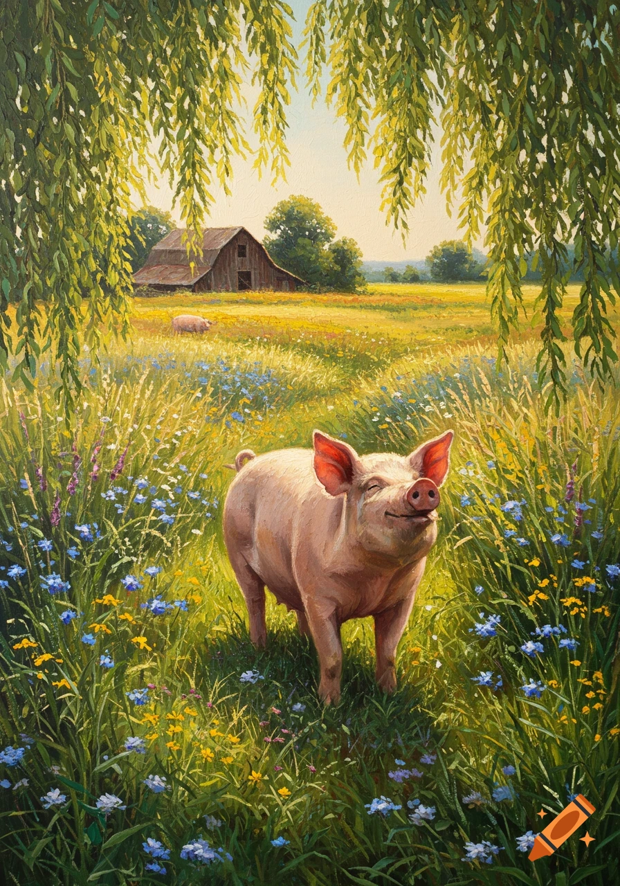 A happy pig stands in a field of green grass and wildflowers under willow branches, with a barn in the background.