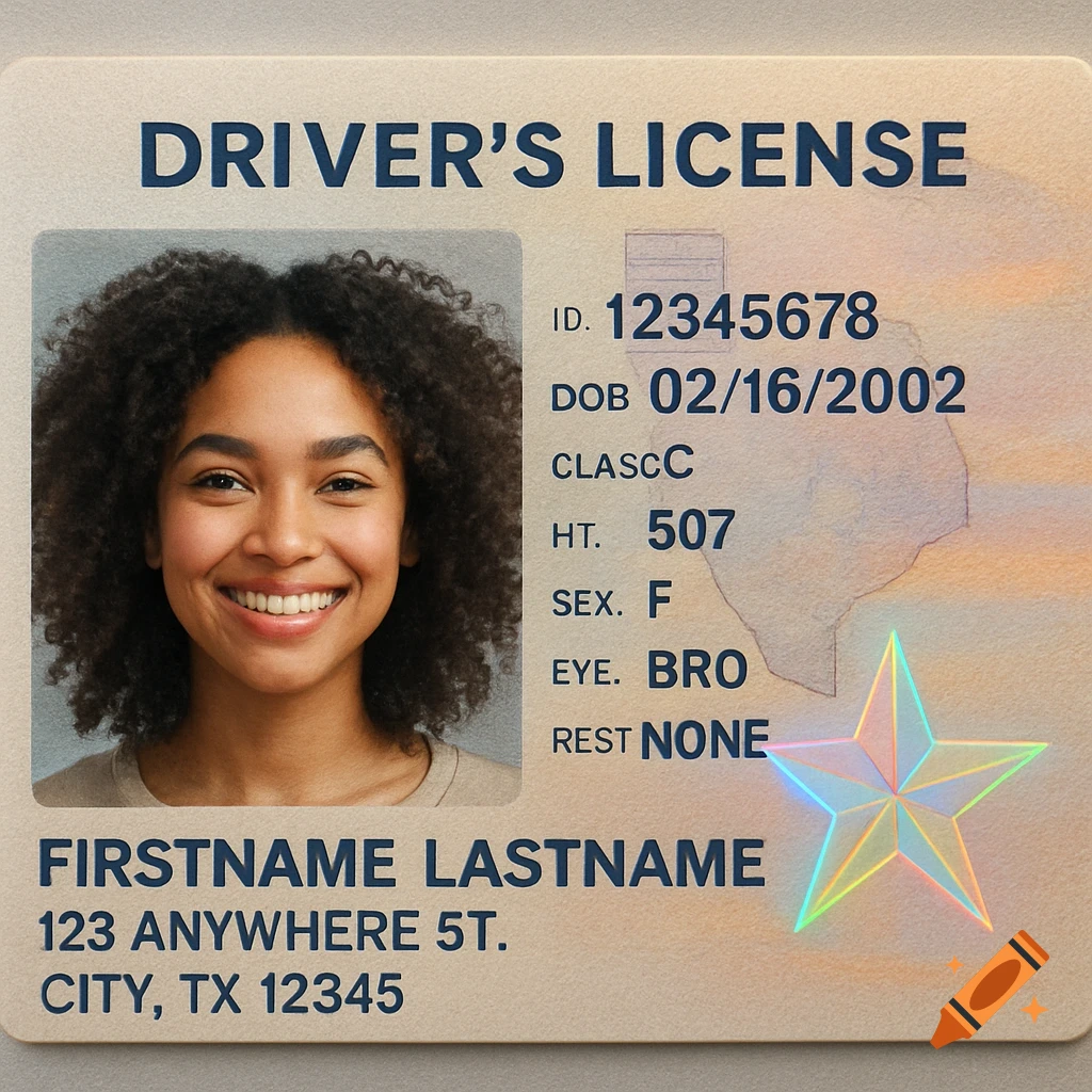 A close-up of a driver's license featuring a smiling woman with curly hair, with details like ID number, birthdate, and address placeholder text.