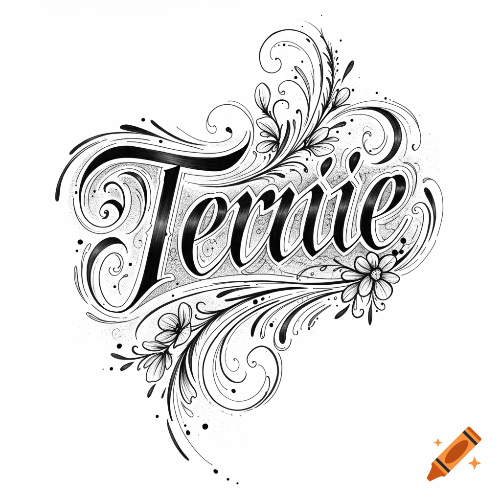 Black and white stylized lettering of 'Terrie' with ornate flourishes and flowers, in a tattoo sketch style.