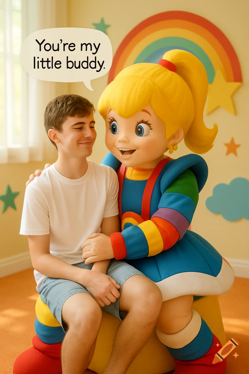 Teenage boy sits on the lap of a colorful Rainbow Brite mascot in a bright room, with a speech bubble saying "You're my little buddy."
