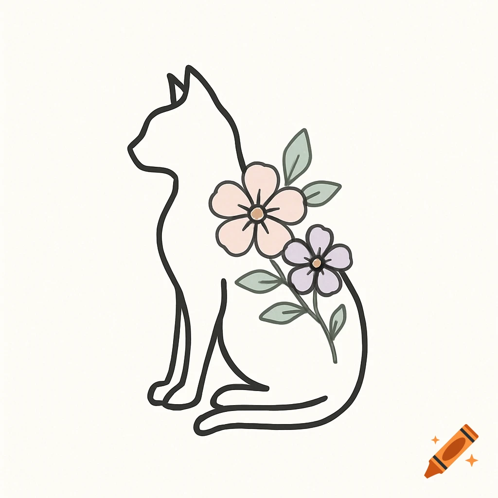 A minimalist black outline of a sitting cat with pastel pink and purple flowers blooming on its side.
