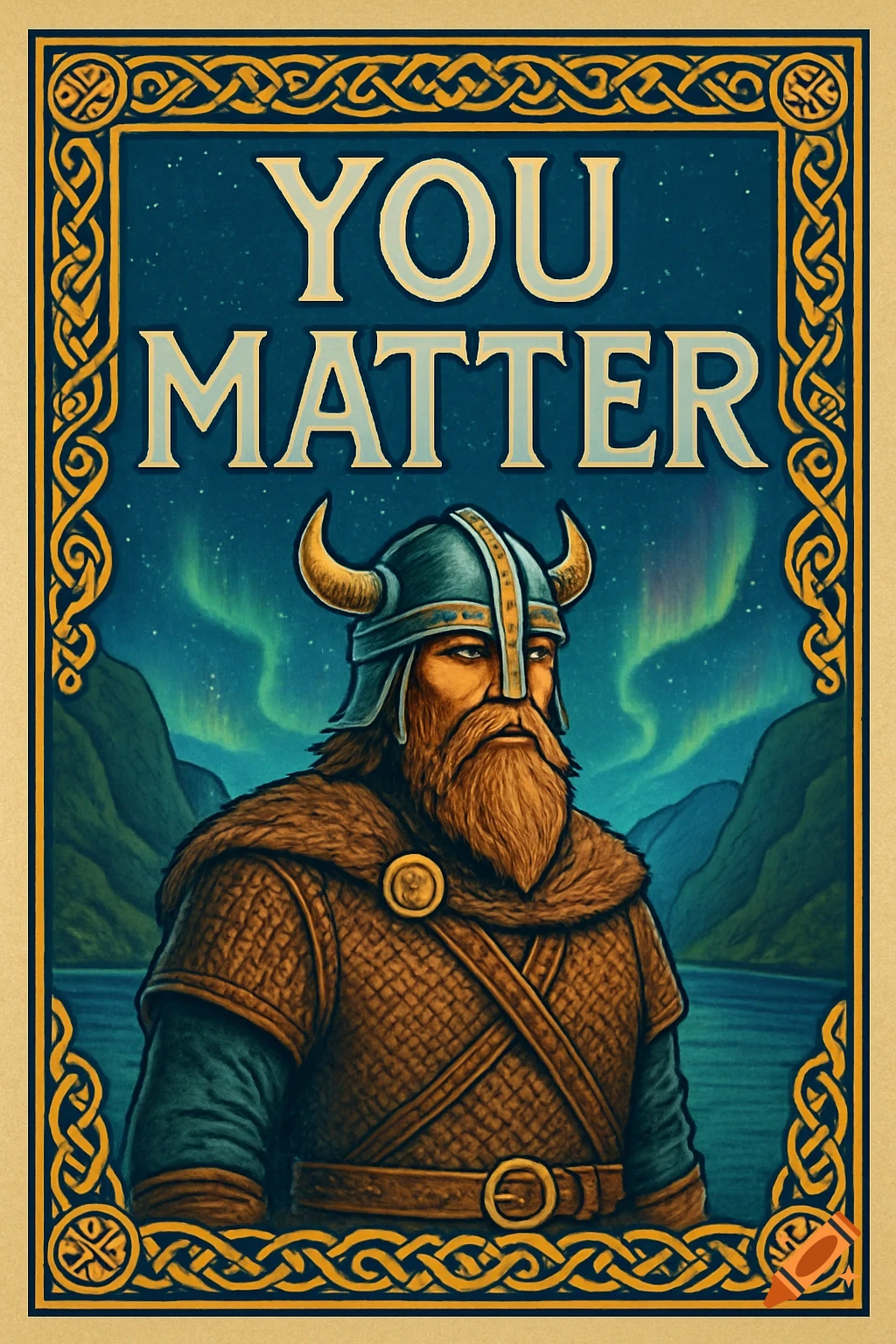 Illustrated poster of a Viking warrior under the Northern Lights with Celtic knot border and the text 'YOU MATTER'.