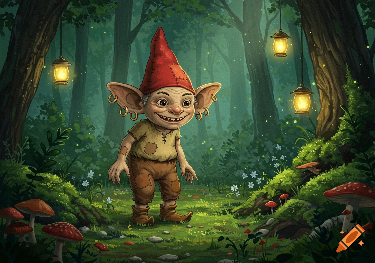 A grinning, evil gnome with a red hat and large earrings stands in a magical Studio Ghibli-style forest with glowing lanterns and mushrooms.