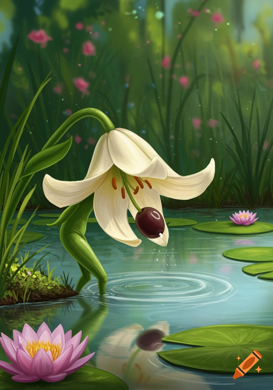 A whimsical white lily flower with legs drops an olive into a pond, creating ripples. Pink water lilies float on the water.